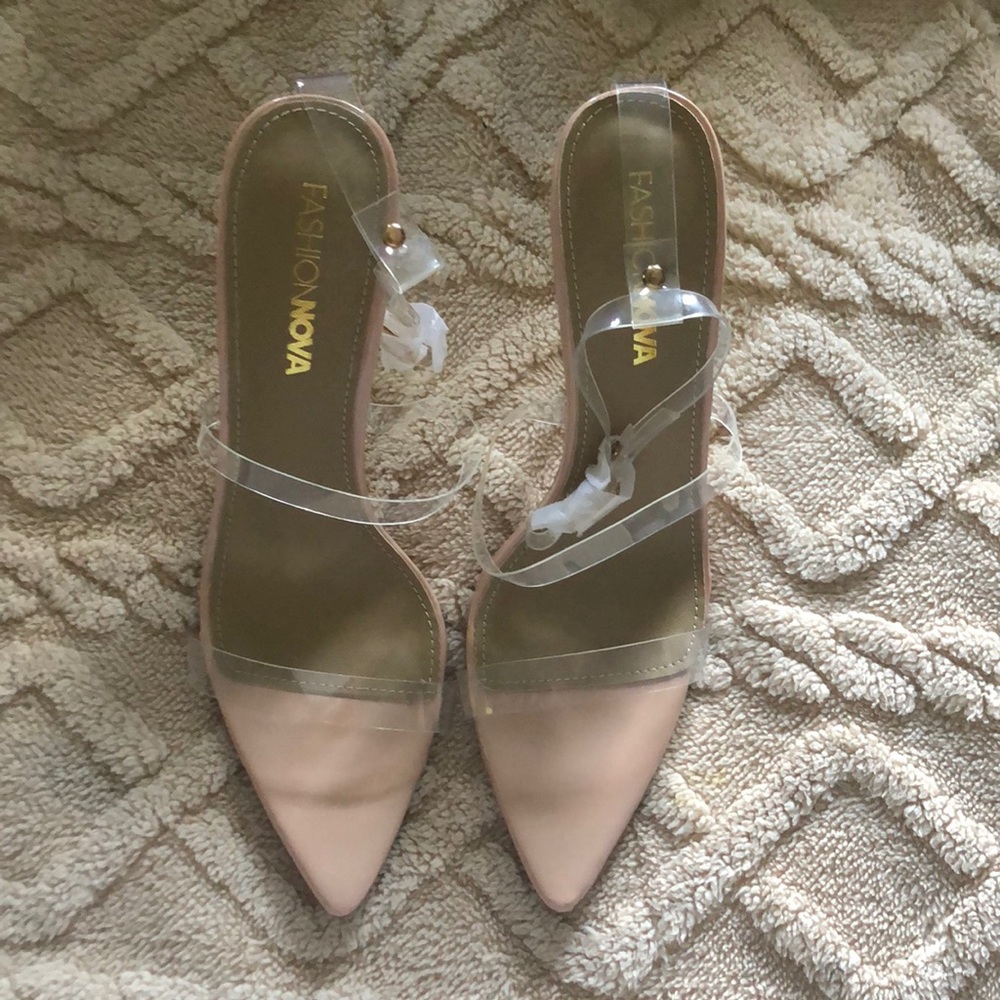 Pointed toe gold heel with clear straps